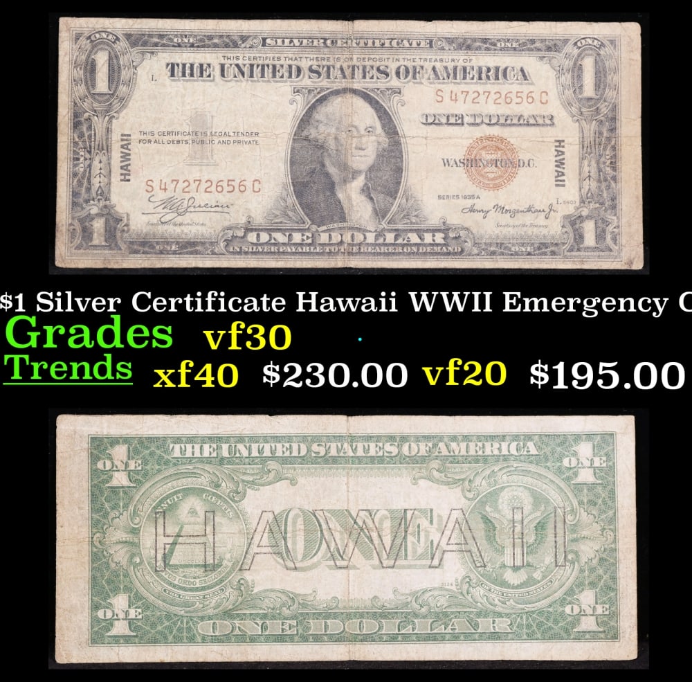 1935A $1 Silver Certificate Hawaii WWII Emergency Currency Grades vf++: 1935A $1 Silver Certificate Hawaii WWII Emergency Currency Grades vf++. FR-2300 Signatures of Julian & Morgenthau WWII Emergency Currency. It was the darkest days of World War II, just after Pearl Har