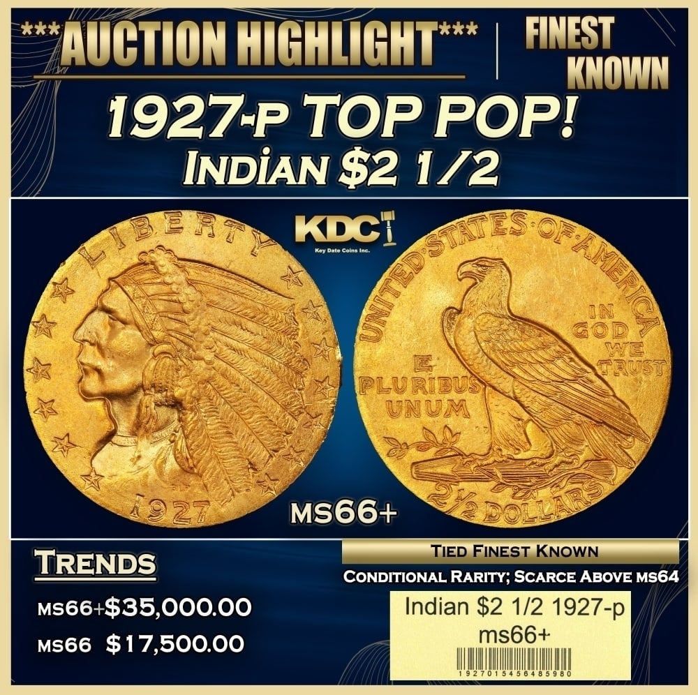 1927-p Gold Indian Quarter Eagle TOP POP! $2 1/2 ms66+ USCG: 1927-p TOP POP! Gold Indian Quarter Eagle $2 1/2 ms66+ USCG. Per David Akers of PCGS "The 1927 is similar in overall rarity to the 1926 and can be obtained without much difficulty in MS-65 or lower co