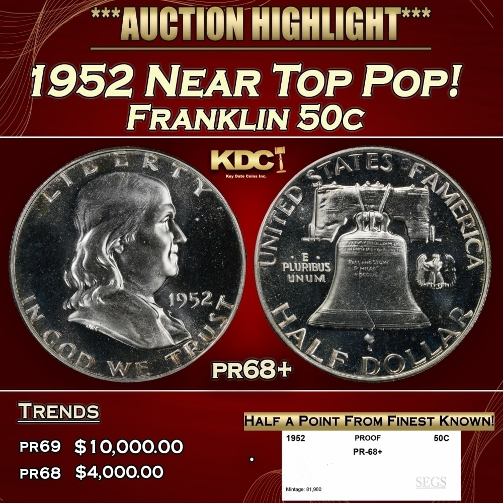 1952 Proof Franklin Half Dollar Near Top Pop! 50c pr68+ SEGS: 1952 Near Top Pop! Franklin Half Dollar 50c pr68+ SEGS. 0