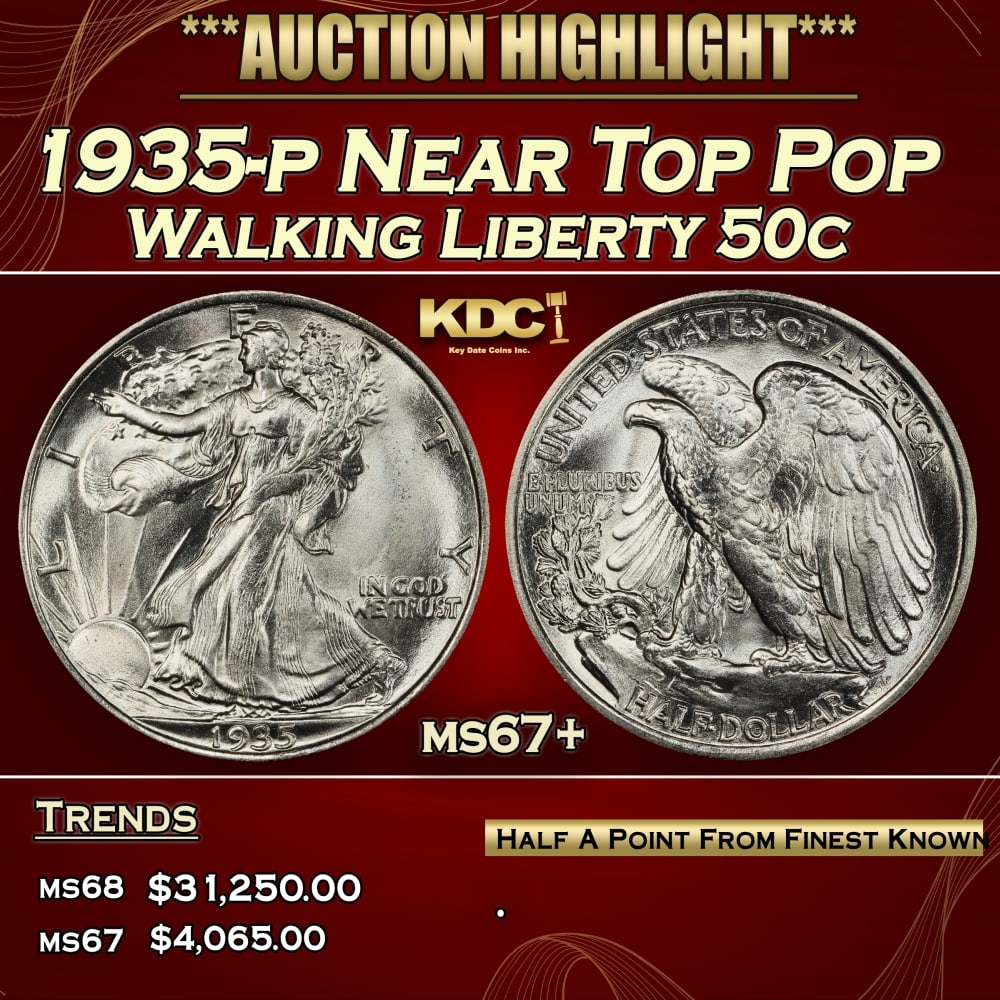1935-p Walking Liberty Half Dollar Near Top Pop 50c ms67+ SEGS: 1935-p Near Top Pop Walking Liberty Half Dollar 50c ms67+ SEGS.