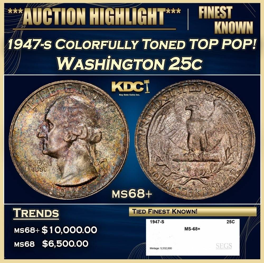 1947-s Washington Quarter Colorfully Toned TOP POP! 25c ms68+ SEGS: 1947-s Colorfully Toned TOP POP! Washington Quarter 25c ms68+ SEGS. 0