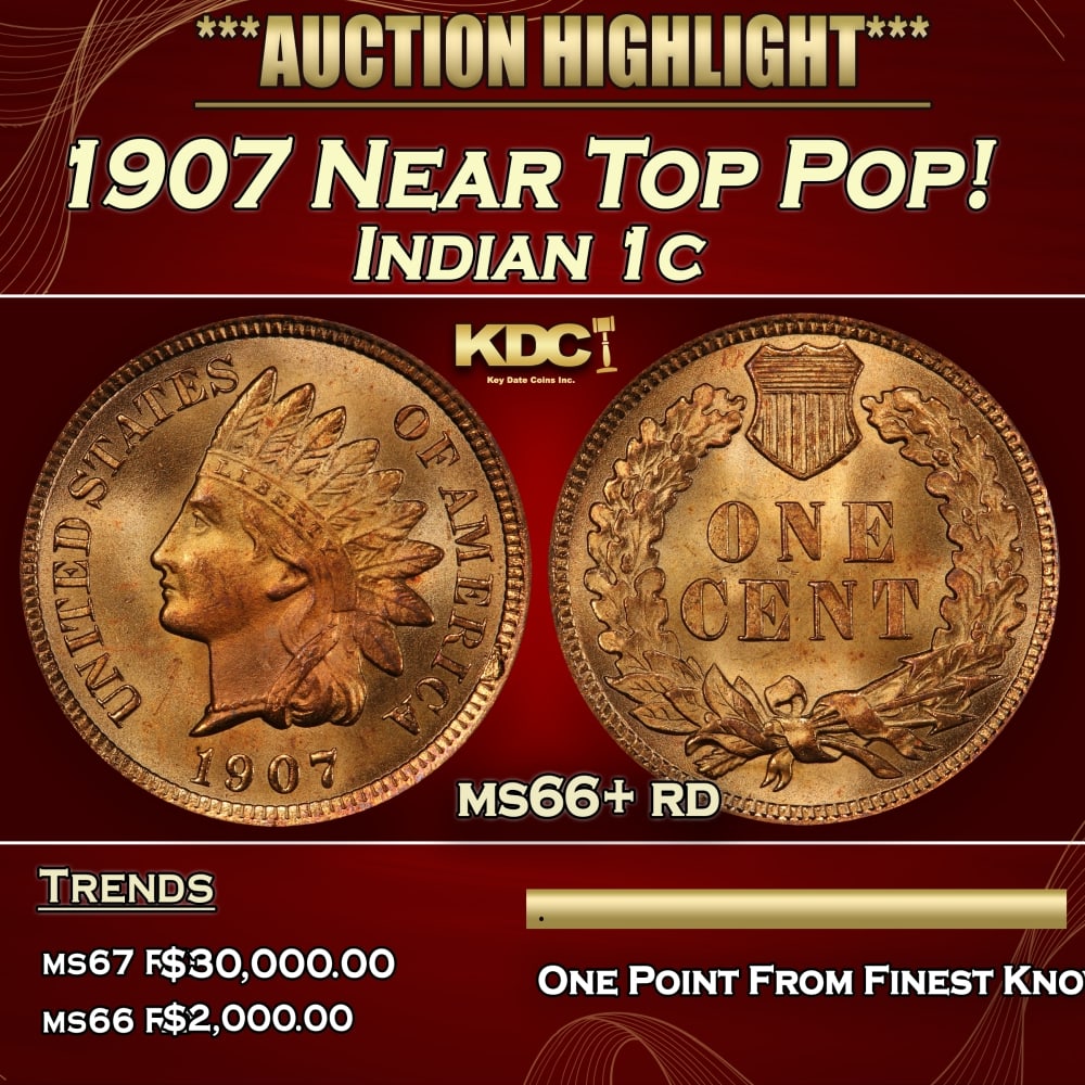1907 Indian Cent Near Top Pop! 1c ms66+ rd SEGS (1 of 3)