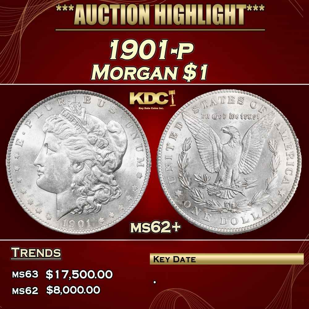 1901-p Morgan Dollar $1 ms62+ USCG: 1901-p Morgan Dollar $1 ms62+ USCG. A Key Date's Pick, Bid to Win, Don't let it get Away, you might not find its equal Coin