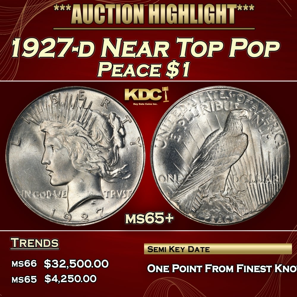 1927-d Peace Dollar Near Top Pop $1 ms65+ SEGS: 1927-d Near Top Pop Peace Dollar $1 ms65+ SEGS. 0