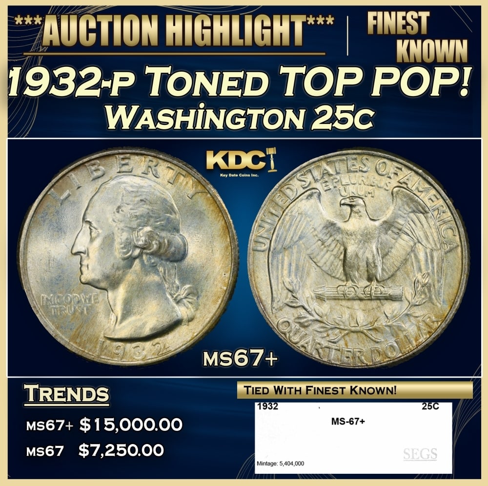 1932-p Washington Quarter Toned TOP POP! 25c ms67+ SEGS: 1932-p Toned TOP POP! Washington Quarter 25c ms67+ SEGS. 0