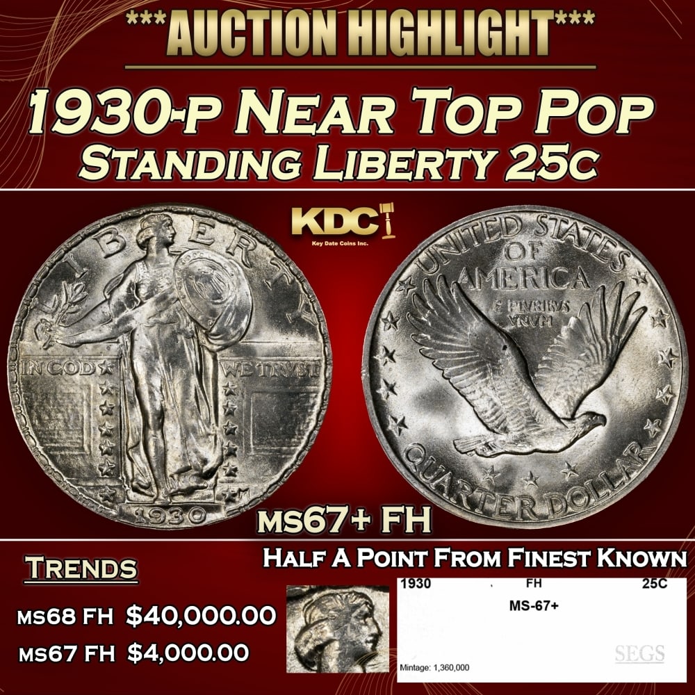 1930-p Standing Liberty Quarter Near Top Pop 25c ms67+ FH SEGS: 1930-p Near Top Pop Standing Liberty Quarter 25c ms67+ FH SEGS. 0