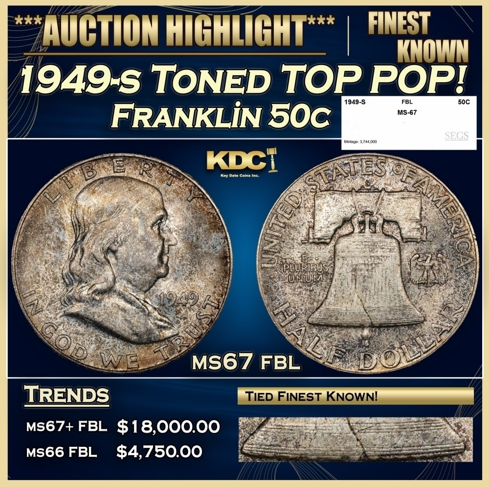1949-s Franklin Half Dollar Toned TOP POP! 50c ms67 fbl SEGS: 1949-s Toned TOP POP! Franklin Half Dollar 50c ms67 fbl SEGS. 0
