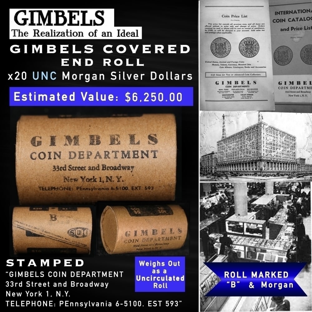 20 Morgan Silver Dollars UNC GIMBLES Roll RARE B: 20 Morgan Silver Dollars UNC GIMBLES Roll RARE B. Up For Auction is a 142- 20 Morgan Silver Dollars UNC GIMBLES Roll RARE B Roll Weighing 537.4 g Based On this weight this is a UNC Roll We are very ex