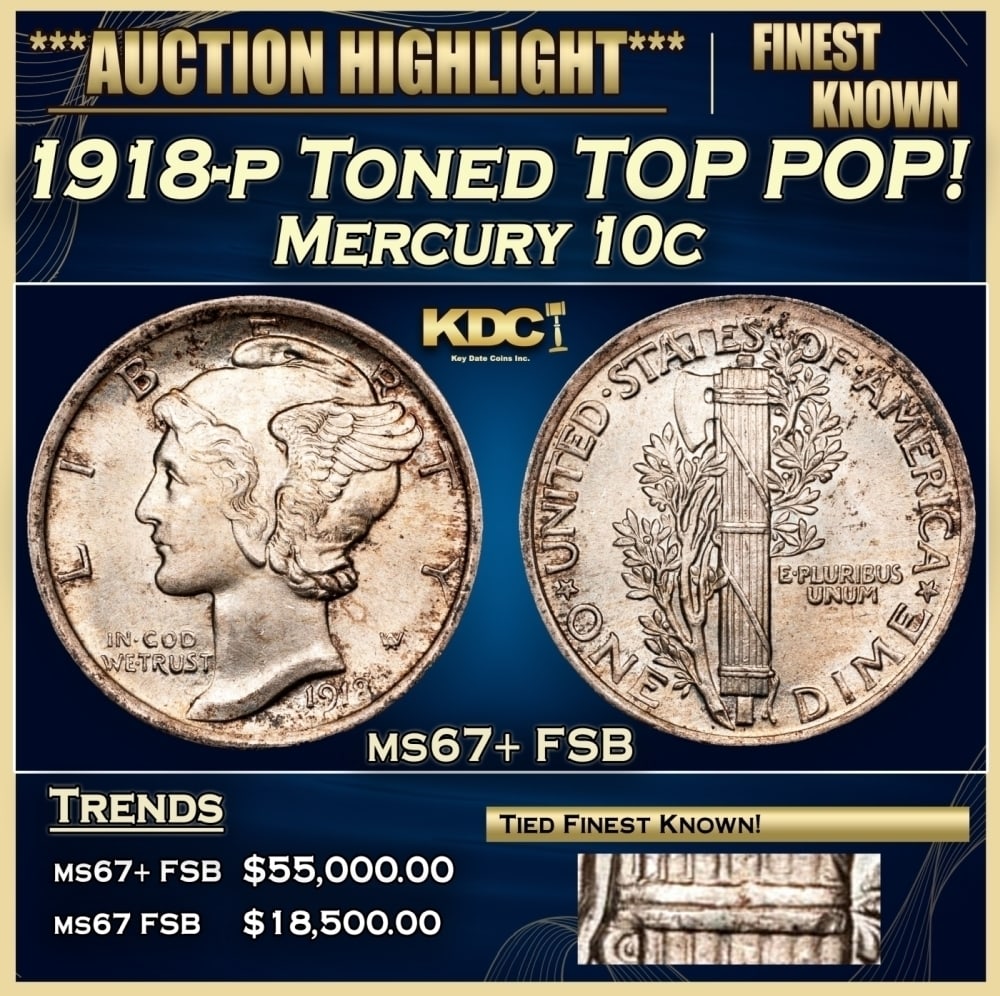 1918-p Mercury Dime Toned TOP POP! 10c ms67+ FSB SEGS: 1918-p Toned TOP POP! Mercury Dime 10c ms67+ FSB SEGS. 0