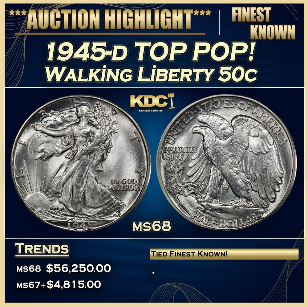 1945-d Walking Liberty Half Dollar TOP POP! 50c ms68 SEGS: 1945-d TOP POP! Walking Liberty Half Dollar 50c ms68 SEGS.