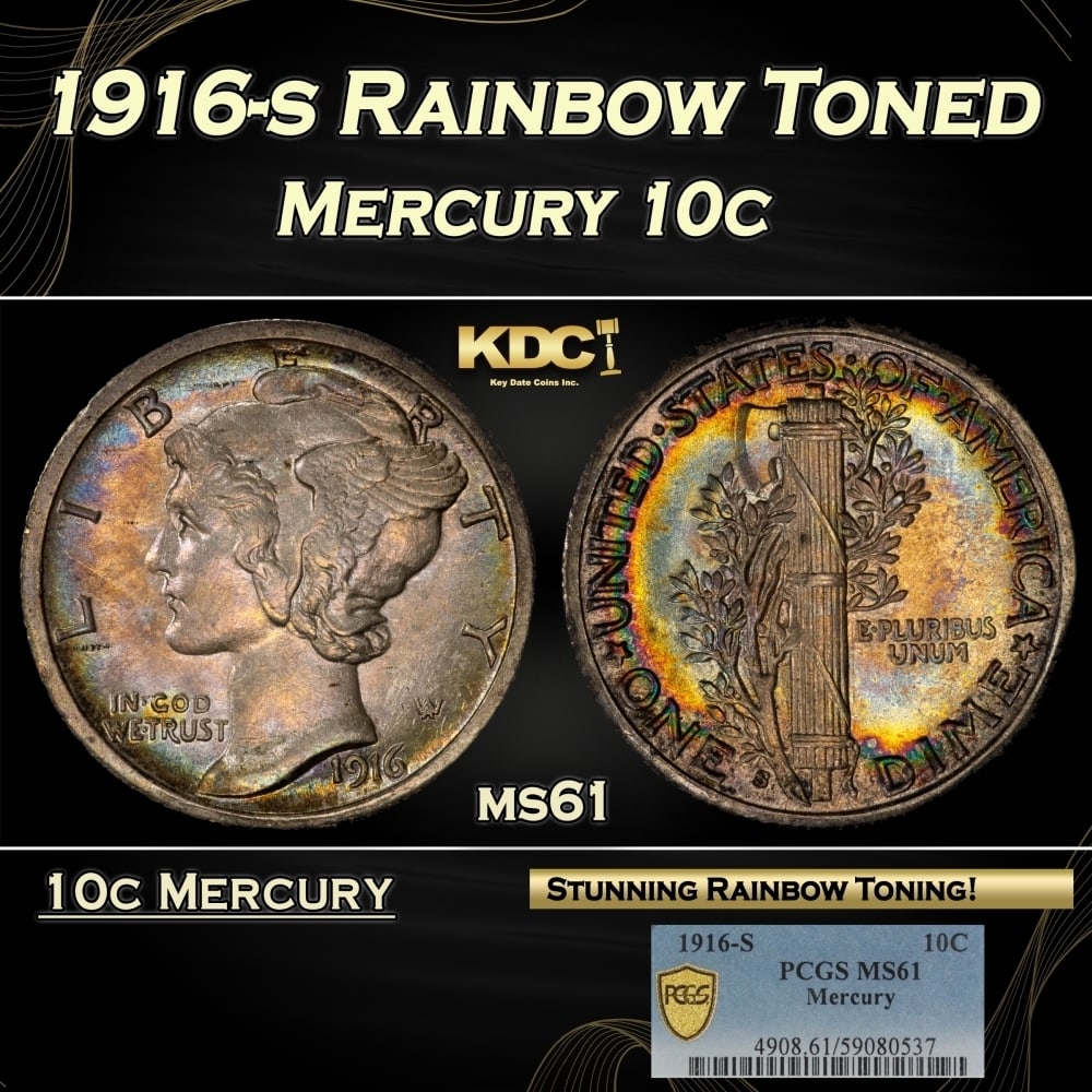 PCGS 1916-s Mercury Dime Rainbow Toned 10c ms61 PCGS (1 of 4)