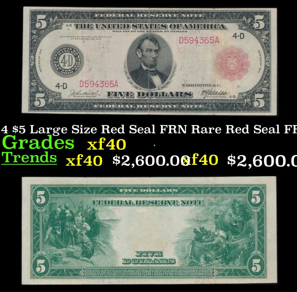 1914 $5 Large Size Red Seal FRN Rare Red Seal Grades xf FR-835 (1 of 3)