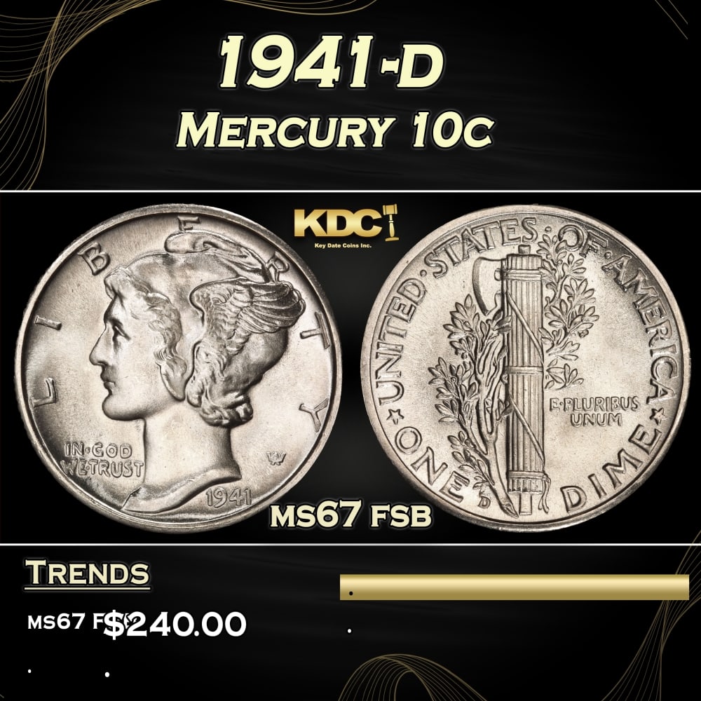1941-d Mercury Dime 10c ms67 fsb SEGS: 1941-d Mercury Dime 10c ms67 fsb SEGS.