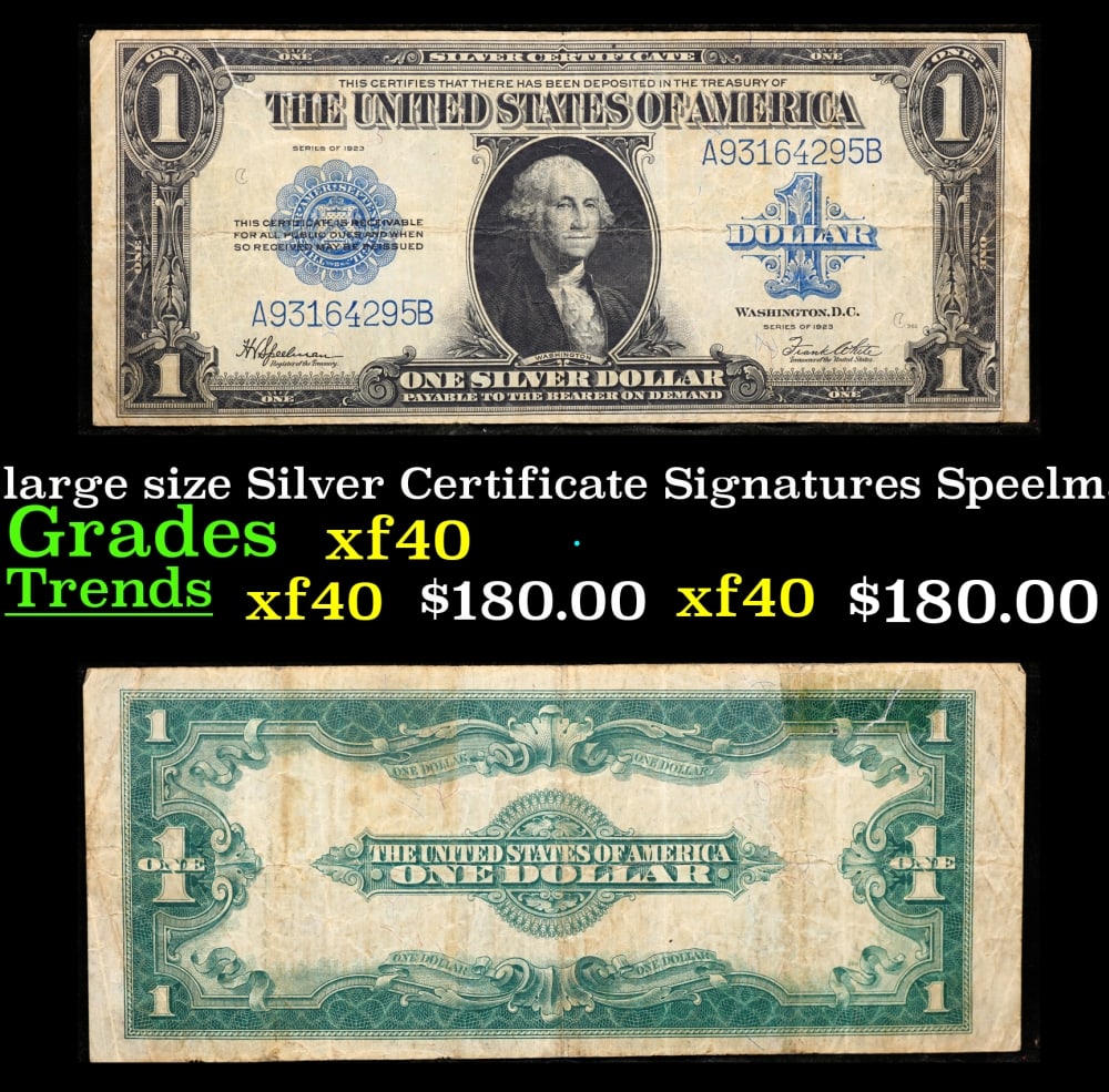 1923 $1 large size Silver Certificate Grades xf Signatures Speelman/White: 1923 $1 large size Silver Certificate Grades xf Signatures Speelman/White. Fr-237 The term “horse blanket” gets used a lot when talking about large size currency. It is most frequently used to