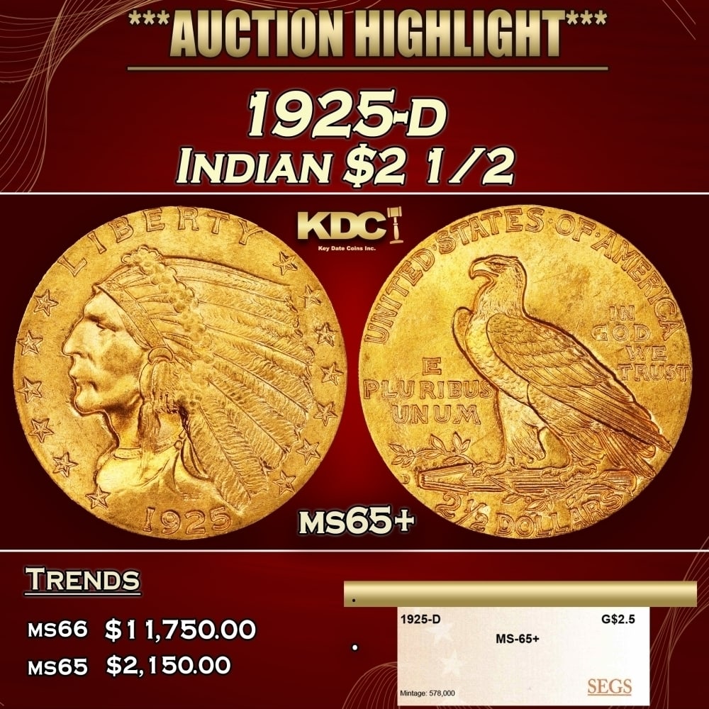 1925-d Gold Indian Quarter Eagle $2 1/2 ms65+ SEGS: 1925-d Gold Indian Quarter Eagle $2 1/2 ms65+ SEGS. Historic precious metal trends is causing increased spot pricing by the day. On auctions with set openings, we are doing our best to have items pric