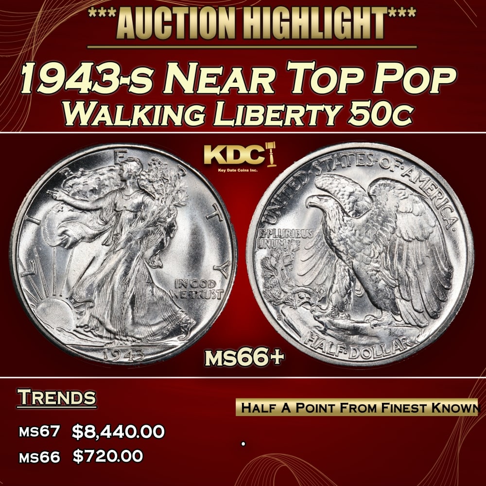 1943-s Walking Liberty Half Dollar Near Top Pop 50c ms66+ SEGS: 1943-s Near Top Pop Walking Liberty Half Dollar 50c ms66+ SEGS.