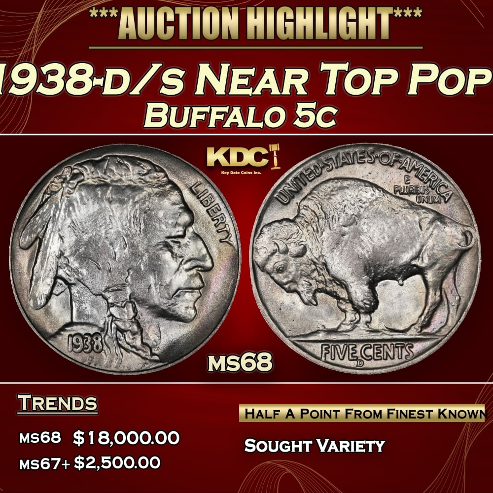 1938-d/s Buffalo Nickel Near Top Pop 5c ms68 SEGS: 1938-d/s Near Top Pop Buffalo Nickel 5c ms68 SEGS.