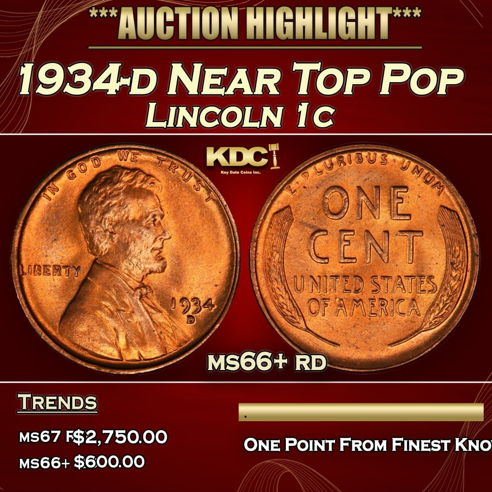 1934-d Lincoln Cent Near Top Pop 1c ms66+ rd SEGS (1 of 3)
