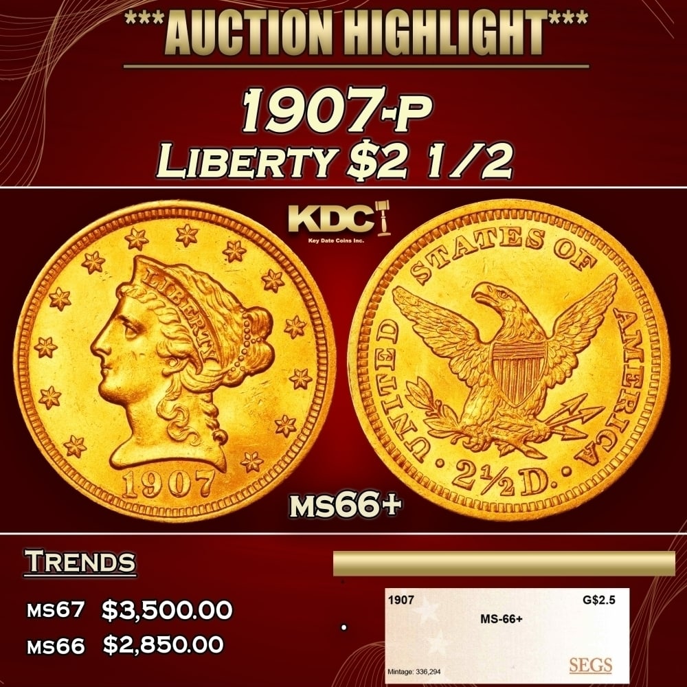 1907-p Gold Liberty Quarter Eagle $2 1/2 ms66+ SEGS: 1907-p Gold Liberty Quarter Eagle $2 1/2 ms66+ SEGS. 0