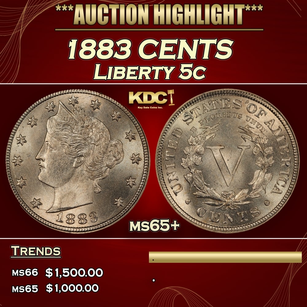 1883 CENTS Liberty Nickel 5c ms65+ SEGS: 1883 CENTS Liberty Nickel 5c ms65+ SEGS. 0