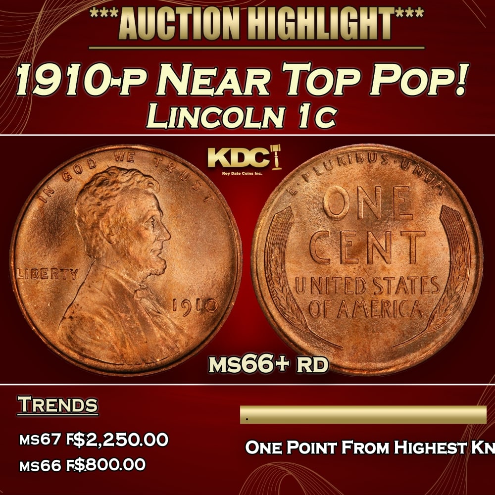 1910-p Lincoln Cent Near Top Pop! 1c ms66+ rd SEGS: 1910-p Near Top Pop! Lincoln Cent 1c ms66+ rd SEGS. 0
