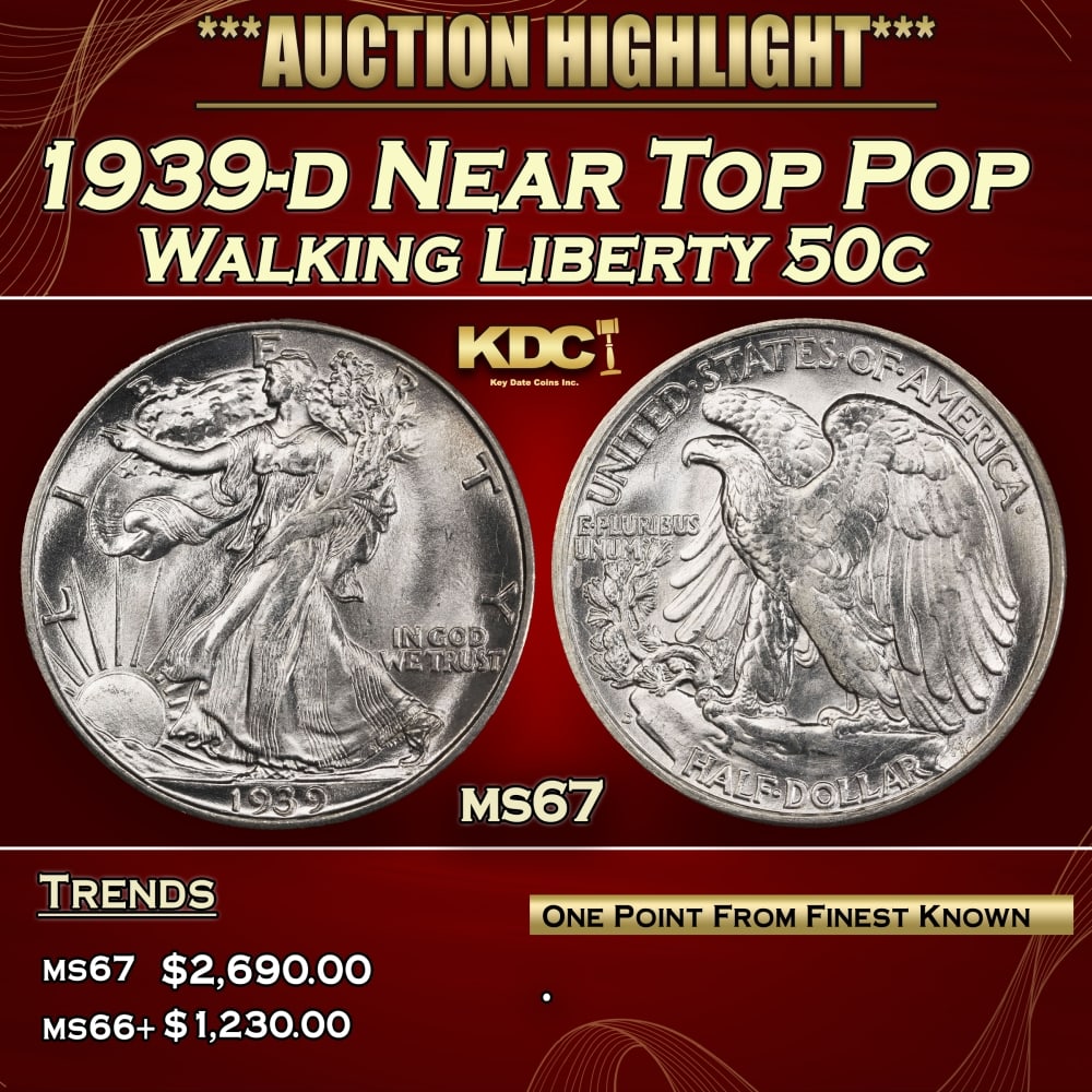 1939-d Walking Liberty Half Dollar Near Top Pop 50c ms67 SEGS: 1939-d Near Top Pop Walking Liberty Half Dollar 50c ms67 SEGS.