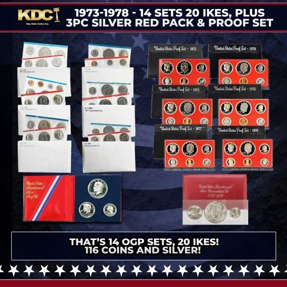 Full Ike Dollar Mint And Proof Sets 1973-1978, Plus Bonus Bicentennial Silver "Red Pack" & 3pc: Full Ike Dollar Mint And Proof Sets 1973-1978, Plus Bonus Bicentennial Silver "Red Pack" & 3pc Silver Proof Set 14 Sets 116 Coins, 20 IKES. Historic precious metal trends is causing increased spot pri