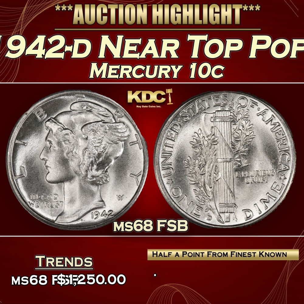 1942-d Mercury Dime Near Top Pop! 10c ms68 FSB SEGS: 1942-d Near Top Pop! Mercury Dime 10c ms68 FSB SEGS.