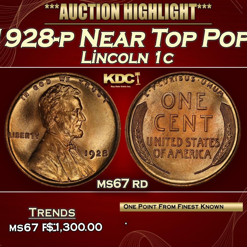 1928-p Lincoln Cent Near Top Pop! 1c ms67 rd SEGS: 1928-p Near Top Pop! Lincoln Cent 1c ms67 rd SEGS. 0