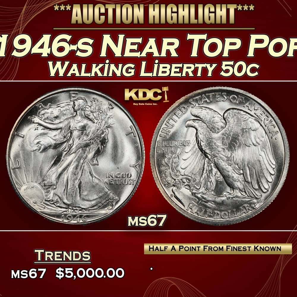 1946-s Walking Liberty Half Dollar Near Top Pop 50c ms67 SEGS: 1946-s Near Top Pop Walking Liberty Half Dollar 50c ms67 SEGS.