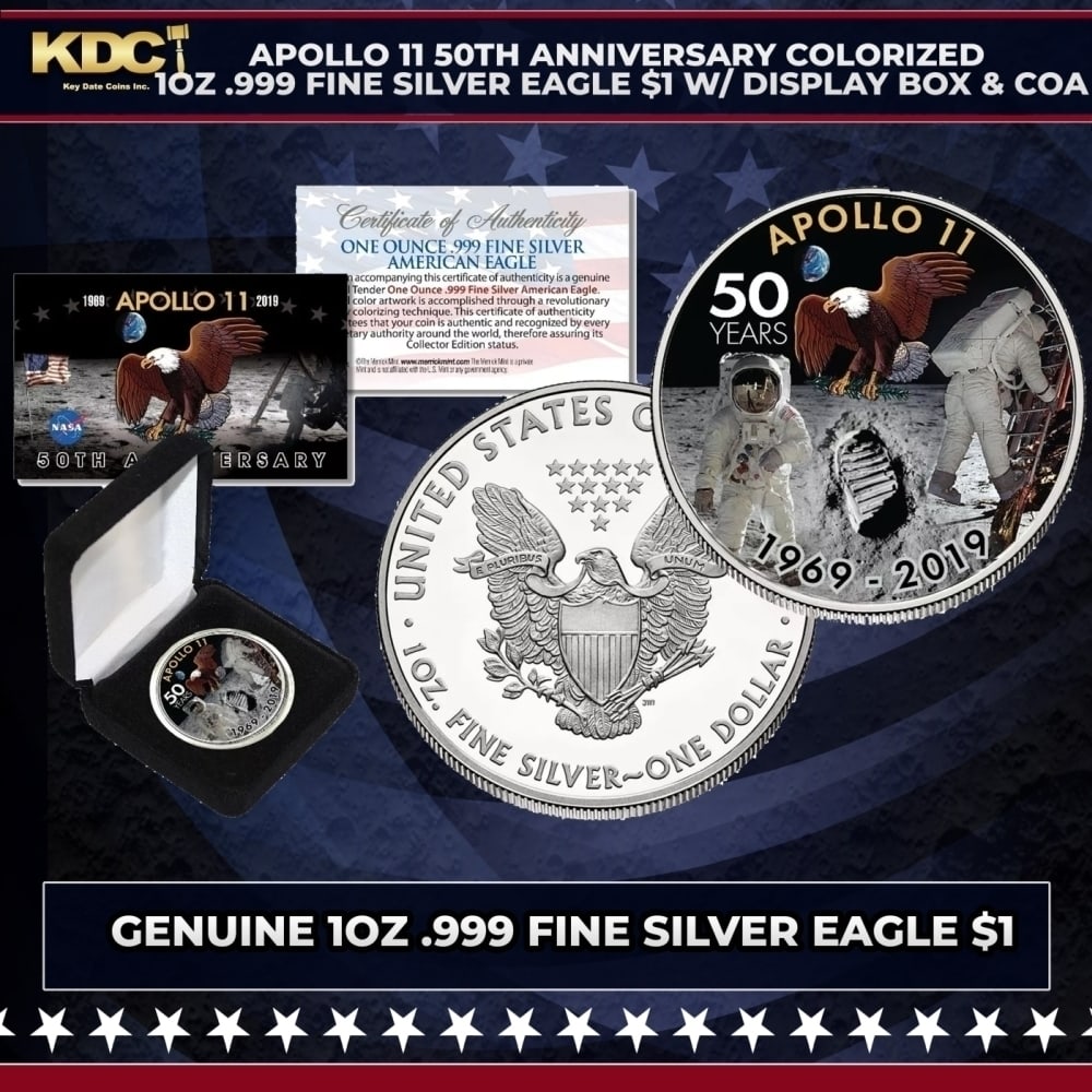 Apollo 11 50th Anniversary Colorized 1oz .999 Fine Silver Eagle $1 w/ Display Box & COA Other Toy: Apollo 11 50th Anniversary Colorized 1oz .999 Fine Silver Eagle $1 w/ Display Box & COA. Take this chance to own a remarkable APOLLO 11 "50th Anniversary" colorized American Silver Eagle Dollar U.S. c