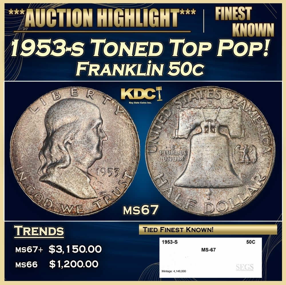 1953-s Franklin Half Dollar Toned Top Pop! 50c ms67 SEGS (1 of 4)