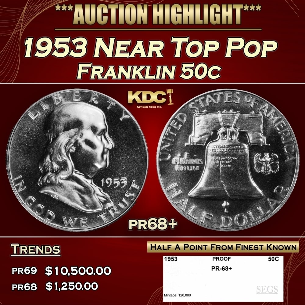 1953 Proof Franklin Half Dollar Near Top Pop 50c pr68+ SEGS: 1953 Near Top Pop Franklin Half Dollar 50c pr68+ SEGS. 0
