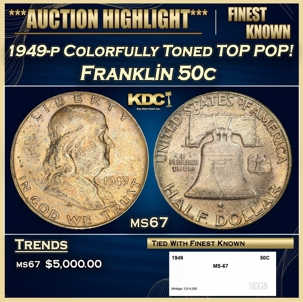 1949-p Franklin Half Dollar Colorfully Toned TOP POP! 50c ms67 SEGS: 1949-p Colorfully Toned TOP POP! Franklin Half Dollar 50c ms67 SEGS. 0