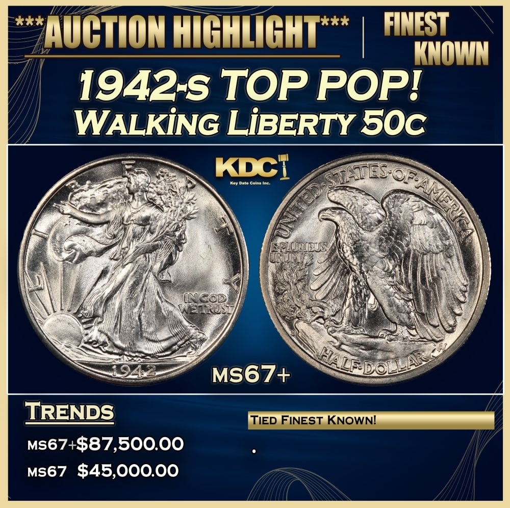 1942-s Walking Liberty Half Dollar TOP POP! 50c ms67+ SEGS: 1942-s TOP POP! Walking Liberty Half Dollar 50c ms67+ SEGS.