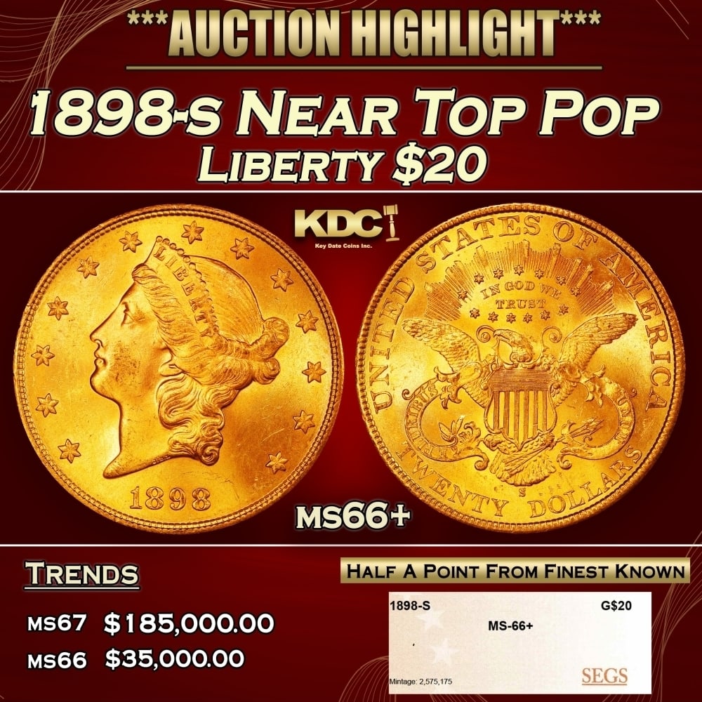 1898-s Gold Liberty Double Eagle Near Top Pop $20 ms66+ SEGS: 1898-s Near Top Pop Gold Liberty Double Eagle $20 ms66+ SEGS. 0