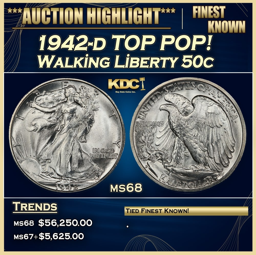 1942-d Walking Liberty Half Dollar TOP POP! 50c ms68 SEGS: 1942-d TOP POP! Walking Liberty Half Dollar 50c ms68 SEGS.