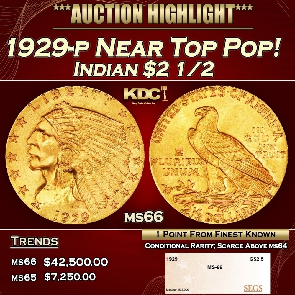 1929-p Gold Indian Quarter Eagle Near Top Pop! $2 1/2 ms66 SEGS: 1929-p Near Top Pop! Gold Indian Quarter Eagle $2 1/2 ms66 SEGS. Per David Akers Of PCGS "This is an unusual issue in that it is easy to find in MS-63 or lower condition but surprisingly difficult to 