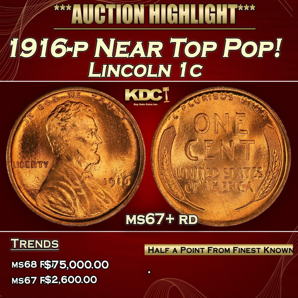 1916-p Lincoln Cent Near Top Pop! 1c ms67+ rd SEGS: 1916-p Near Top Pop! Lincoln Cent 1c ms67+ rd SEGS. 0