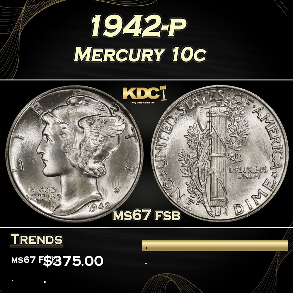 1942-p Mercury Dime 10c ms67 fsb SEGS: 1942-p Mercury Dime 10c ms67 fsb SEGS.