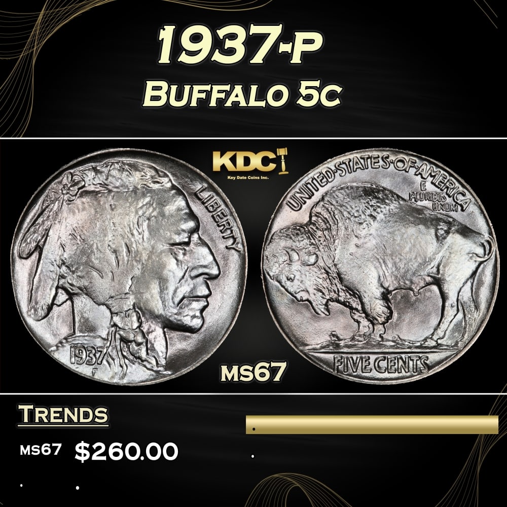 1937-p Buffalo Nickel 5c ms67 SEGS: 1937-p Buffalo Nickel 5c ms67 SEGS.