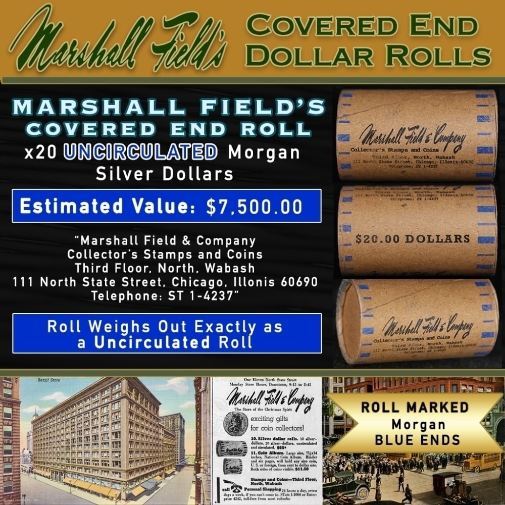 MARSHALL FIELDS RARE UNC BLUE Lvl 20 Coin Morgan Roll: MARSHALL FIELDS RARE UNC BLUE Lvl 20 Coin Morgan Roll. Up For Auction is a 174- MARSHALL FIELDS RARE UNC BLUE Lvl 20 Coin Morgan Roll Roll Weighing 537.5 g Based On this weight this is a UNC Roll We a