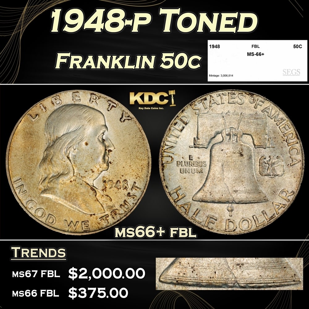 1948-p Franklin Half Dollar Toned 50c ms66+ fbl SEGS: 1948-p Toned Franklin Half Dollar 50c ms66+ fbl SEGS. 0