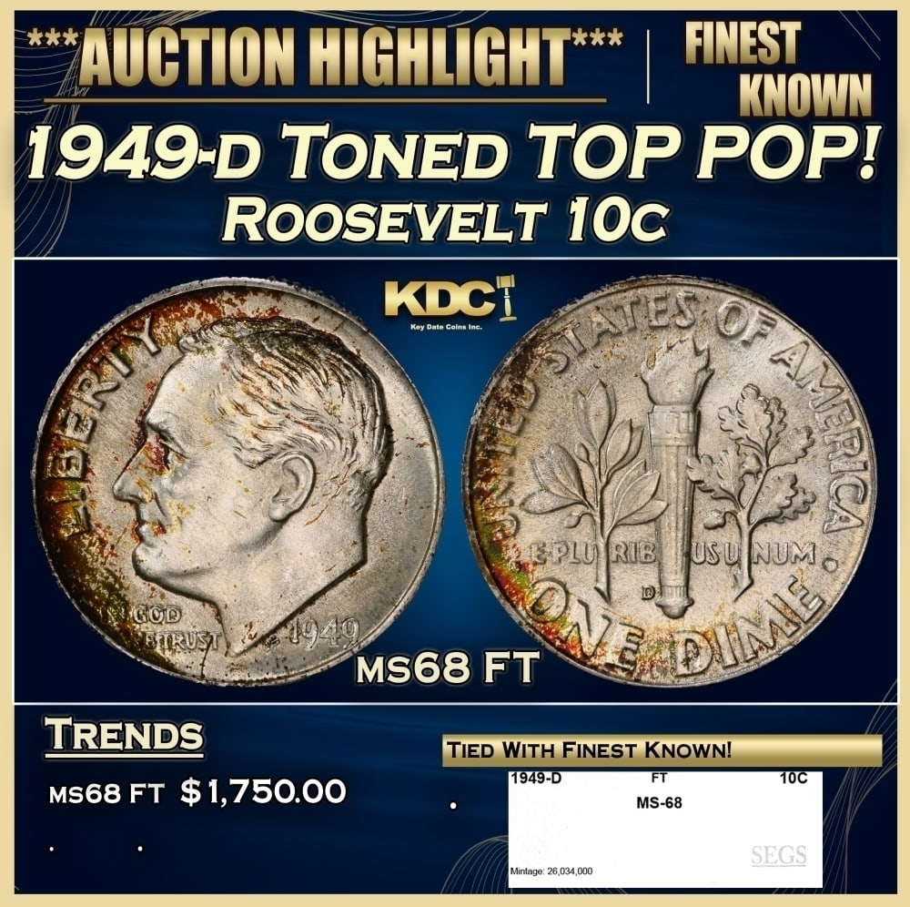 1949-d Roosevelt Dime Toned TOP POP! 10c ms68 FT SEGS: 1949-d Toned TOP POP! Roosevelt Dime 10c ms68 FT SEGS. 0