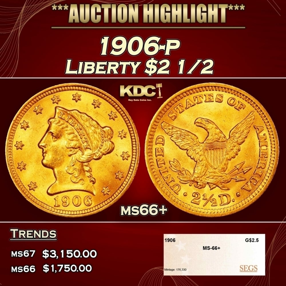 1906-p Gold Liberty Quarter Eagle $2 1/2 ms66+ SEGS: 1906-p Gold Liberty Quarter Eagle $2 1/2 ms66+ SEGS. 0