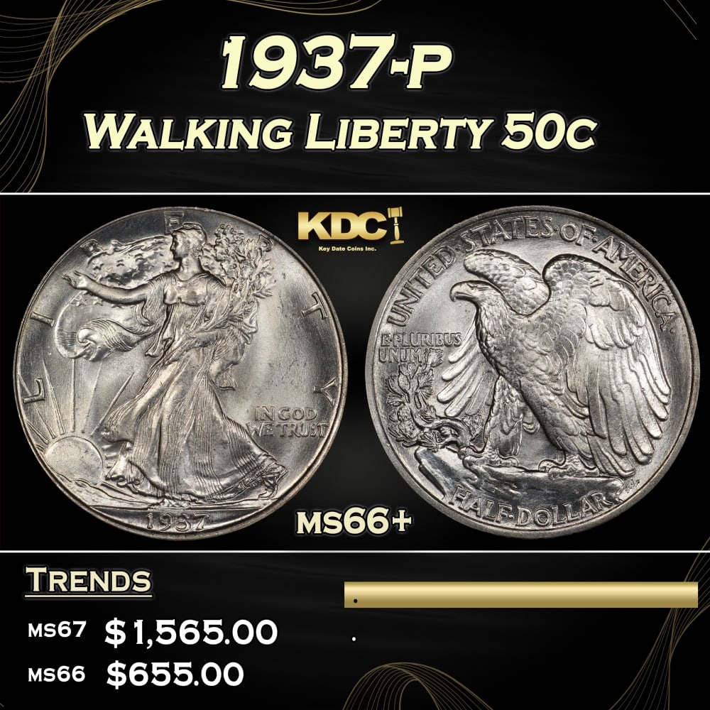 1937-p Walking Liberty Half Dollar 50c ms66+ SEGS: 1937-p Walking Liberty Half Dollar 50c ms66+ SEGS.