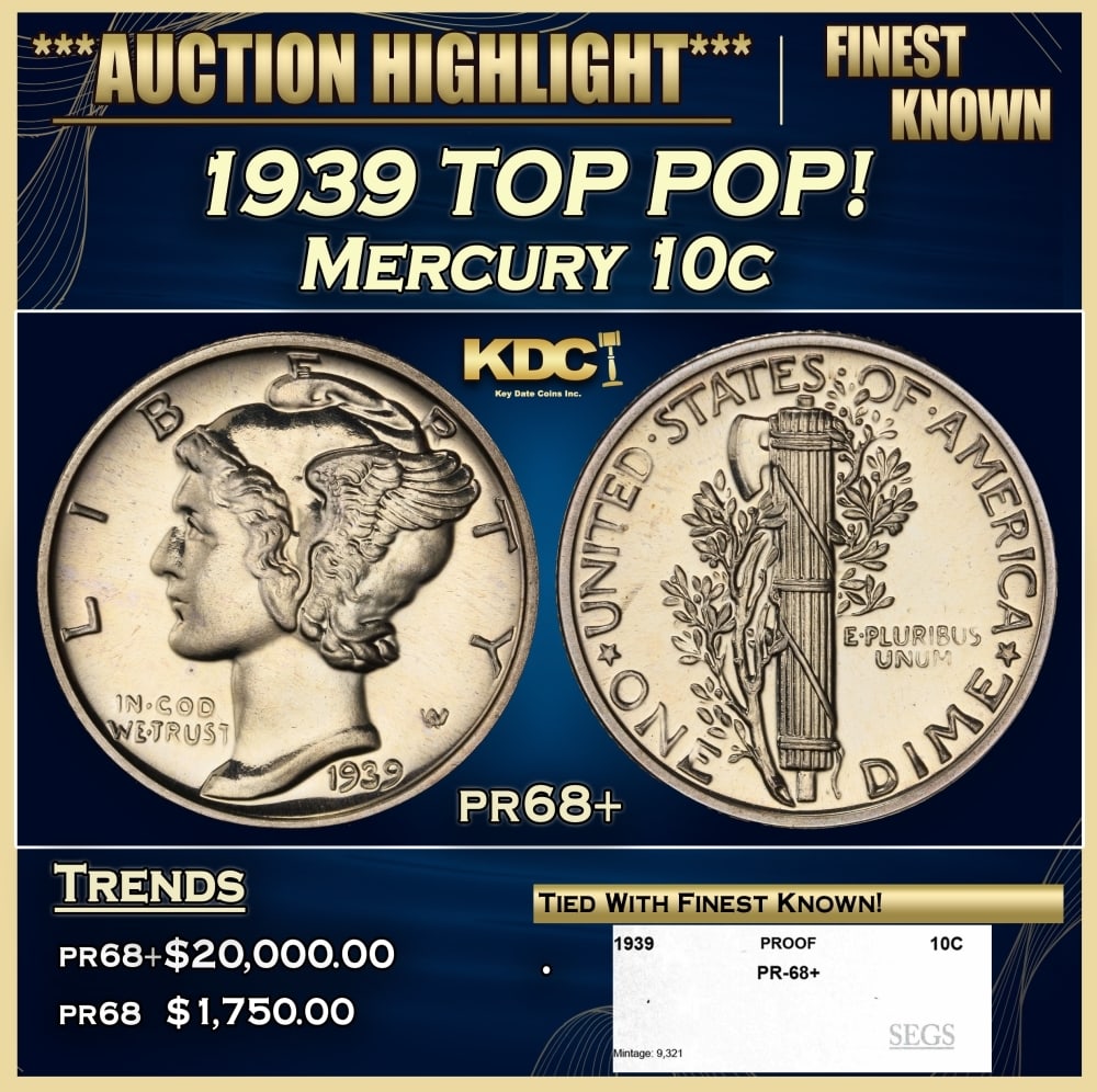 1939 Proof Mercury Dime TOP POP! 10c pr68+ SEGS: 1939 TOP POP! Mercury Dime 10c pr68+ SEGS. 0