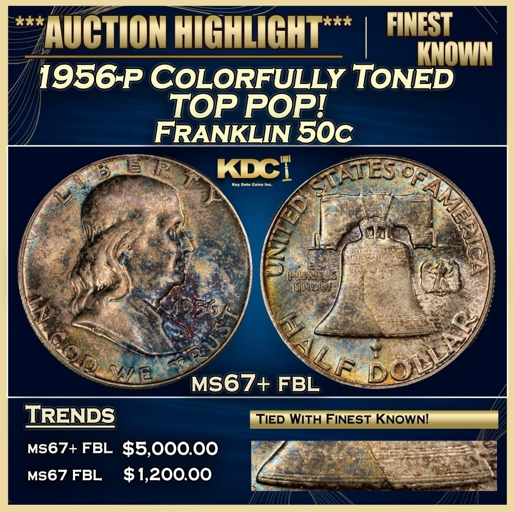 1956-p Franklin Half Dollar Colorfully Toned TOP POP! 50c ms67+ fbl SEGS: 1956-p Colorfully Toned TOP POP! Franklin Half Dollar 50c ms67+ fbl SEGS. 0