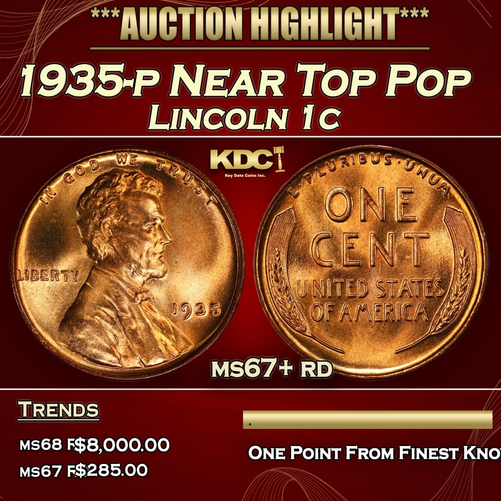 1935-p Lincoln Cent Near Top Pop 1c ms67+ rd SEGS (1 of 3)