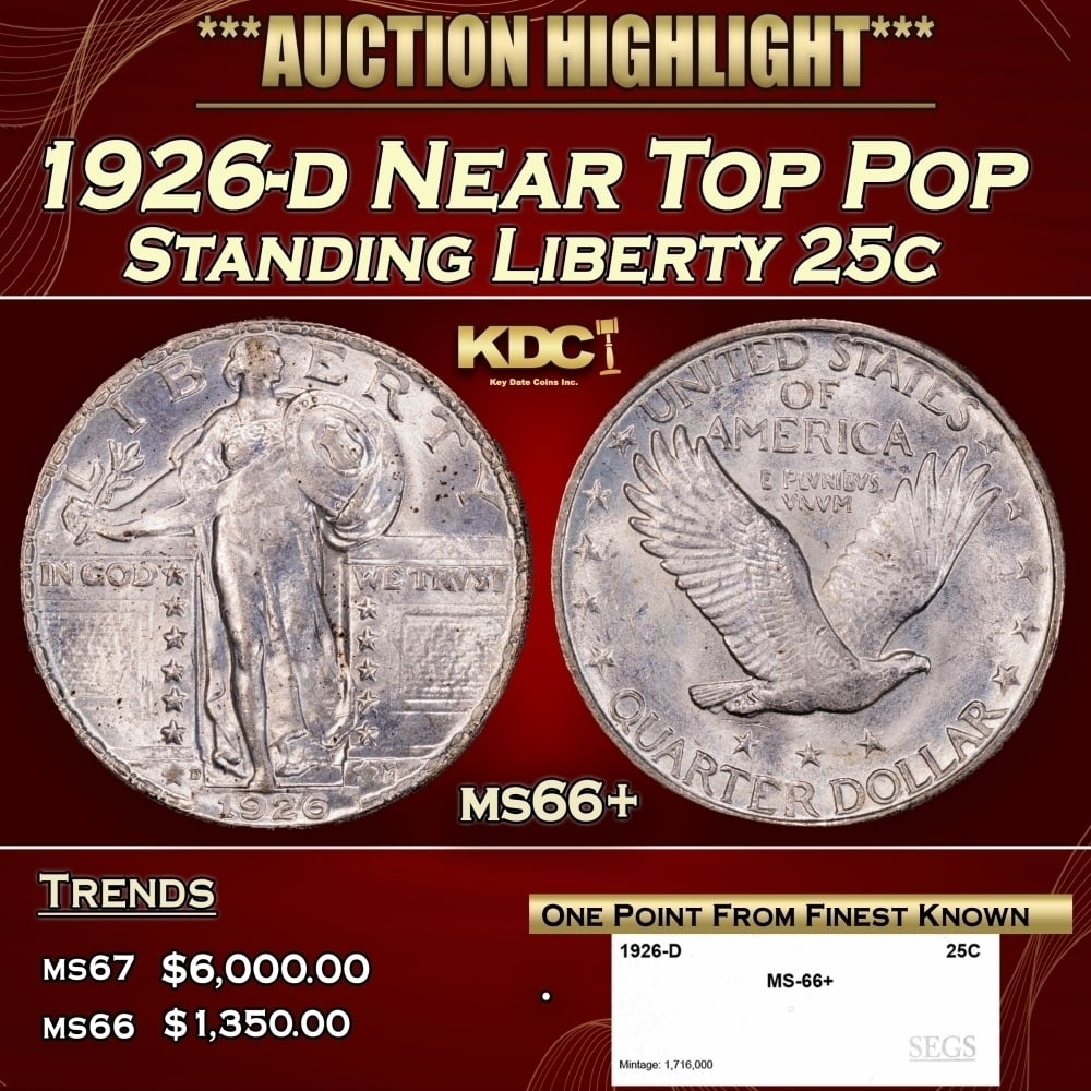 1926-d Standing Liberty Quarter Near Top Pop 25c ms66+ SEGS: 1926-d Near Top Pop Standing Liberty Quarter 25c ms66+ SEGS. 0